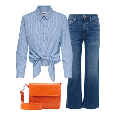 geknotete, gestreifte Bluse, weite Jeans und orangene Tasche