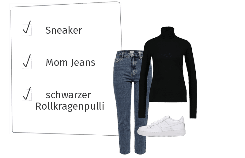 Sneaker, Mom Jeans, schwarzer Rollkragenpulli