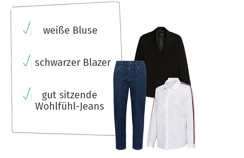 Weiße Bluse, schwarze Blazer, Wohlfühl-Jeans