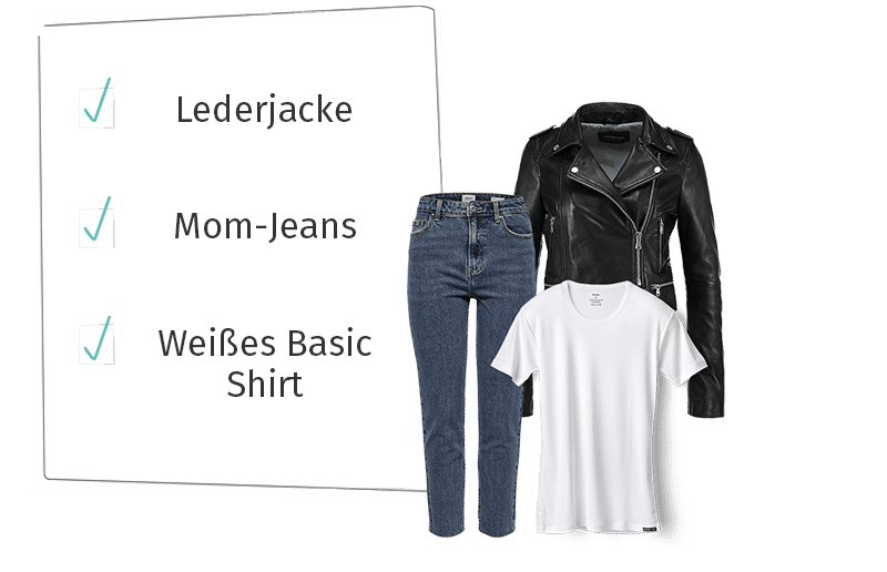 Lederjacke, Mom Jeans, Weißes T-Shirt